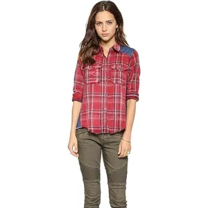 Free People Runaway Plaid & Denim Mixed Media High Low Button Down Shirt M thumbnail 4