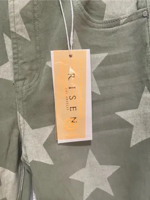 NWT Risen Jeans 5/27 Olive Star Print Distressed Crop Straight RDP5609 New with thumbnail 2