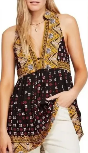 Free‎ People Mixed Print Babydoll Tunic Top Black Yellow Boho OB938693 Womens XS thumbnail 1