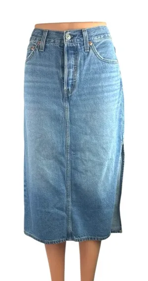 Levi's Light Blue High Rise Side Slit Classic Midi Flare A-Line Denim Skirt 27 thumbnail 1