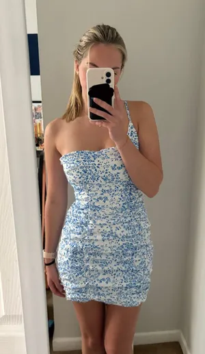One shoulder floral mini dress thumbnail 1