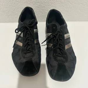 Coach Jayme Sneaker Signature Black Canvas Silver Leather Trim Size 10 thumbnail 2