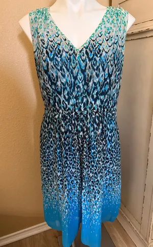 Ann Taylor Blue Gradient Leopard Print V-Neck Dress thumbnail 1