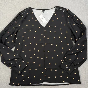 Ann Taylor Women's Medium Black Beige Polka Dot V-Neck Blouse Top Lace Trim New thumbnail 4