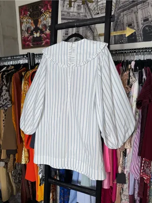 Ganni Blue White Stripe Balloon Sleeve Mini Dress Peter Pan Collar EU 38 US 6 thumbnail 12