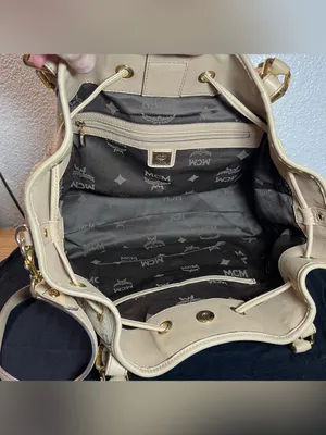 Vintage MCM Cream Visetos Monogram Drawstring Bucket Shoulder Bag Tote thumbnail 9