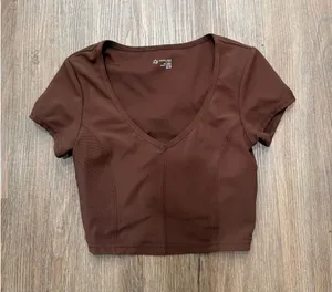 OFFLINE by Aerie‎ Goals Ribbed Short Sleeve V-Neck Crop Top Brown XS Activewear thumbnail 1