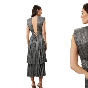 Sabina Musayev Bonita Dress Metallic Tiered Midi Plunge Sleeveless‎ Size XS thumbnail 8