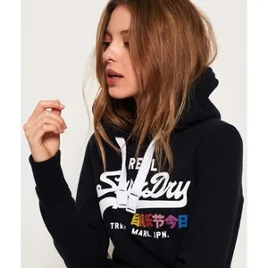 Superdry Womens Real Superdry Trade Mark JPN Logo Hoodie Navy Blue Rhinestone M thumbnail 2