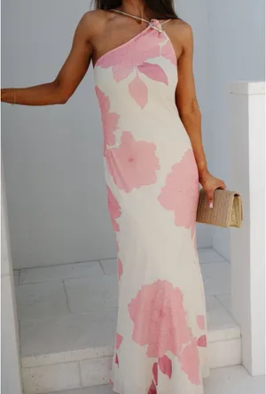 These Three Boutique One Shoulder Pink/Cream Maxi Dress Small thumbnail 3
