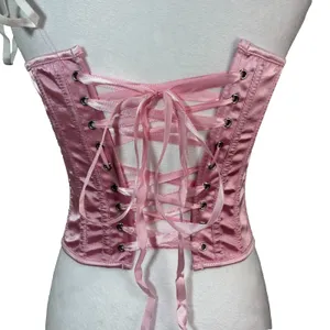 Corset Top Pink Satin‎ Lace Up G-String Set New Burlesque Lingerie Coquette S thumbnail 3