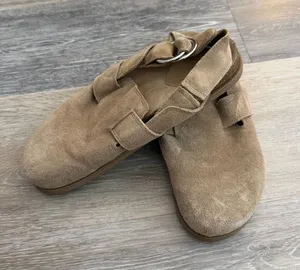 Zara Flat Suede Slip-On Clog in Dark Tan thumbnail 1