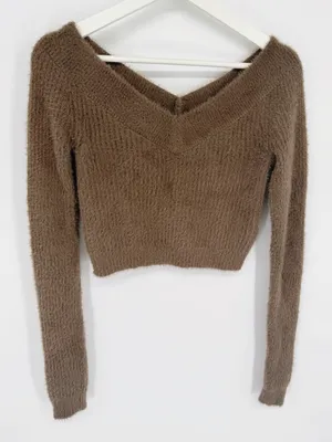 American Eagle Fuzzy Off-Shoulder Sweater Brown Small thumbnail 2