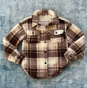 Crave Fame Chocolate Brown Cream Plaid Button Front Faux Sherpa Shacket Junior M thumbnail 1