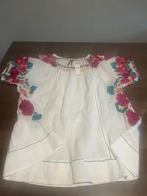 Anthropologie White Peasant Blouse with Pink Teal Yellow Floral Embroidery S NWT thumbnail 3