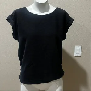 Loft black ribbed  button short sleeve knit blouse thumbnail 2