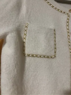 Nanette Lepore Cream Fuzzy Cardigan Sweater Gold Chain Trim‎ Tweed Vibez XL⁠ thumbnail 2