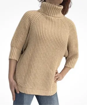 J.Crew Women’s Size XS Cozy Knit Turtleneck Poncho Sweater 100% Cotton Camel thumbnail 1