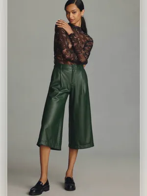 By Anthropologie Faux Leather Culottes Dark Green Sz.4‎ NWT thumbnail 2