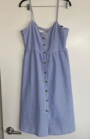 H&M button front midi dress striped blue white coastal sundress 10 large thumbnail 1