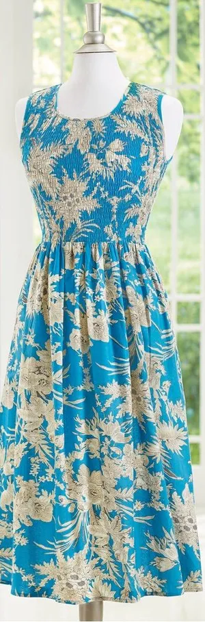 Sky Blue Smocked Dress, Floral‎ Toile, Cotton, Full Skirt, Sleeveless thumbnail 1