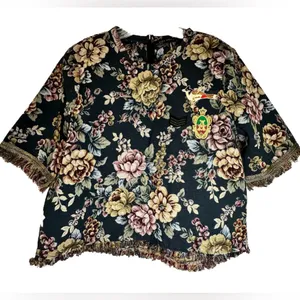 Zara Jacquard Top Women's Size‎ M Floral Tapestry Frayed Fringed Short Sleeve thumbnail 2