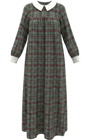 Vintage Plaid Maxi Dress Cottagecore Green Red Peter Pan‎ Collar Long Sleeve thumbnail 1