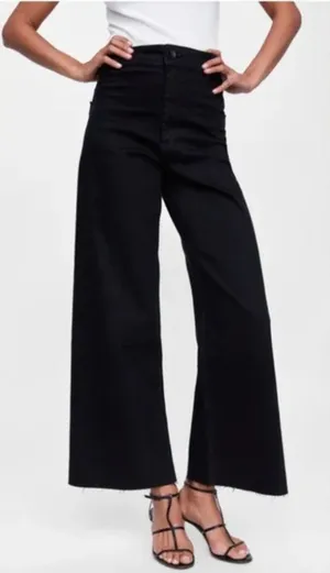 Zara The Marine Straight Wide Leg Raw Hem Jeans in Black Size 0 thumbnail 1