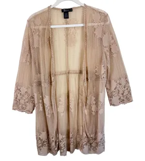Miss Chievous Womens Nude Tan Floral Lace Open Front Cardigan Kimono L thumbnail 1