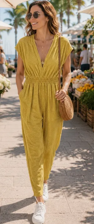 Vada Winter‎ x Maverick Jumpsuit L Mustard Yellow Knit Smocked V Neck Pockets thumbnail 1