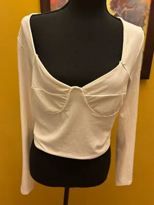 Zaful White Ribbed Slinky Long Sleeve Cropped Corset Style Top Size XL thumbnail 1