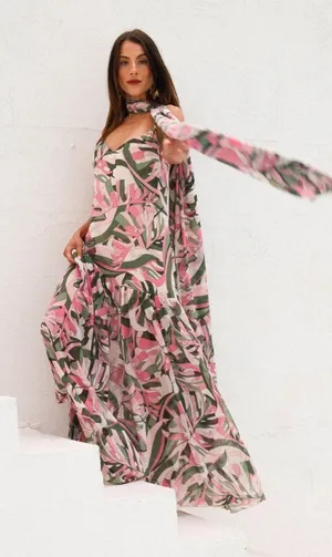 Show Me Your Mumu Dalia Maxi Dress Size M with scarf flamingo palms floral nwot thumbnail 1