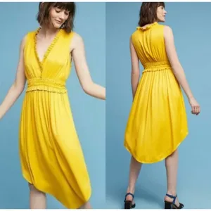 Anthropologie Maeve La Habana Gauze Midi Dress Medium Mango Yellow Smocked VNeck thumbnail 2