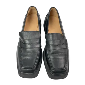 Women's Black Leather Slip On Square Toe Block Heel Casual Loafers Shoes 40/9.5 thumbnail 2
