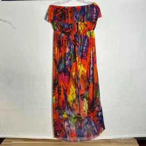 Cynthia Rowley Women Large Mesh High Low Maxi Dress Rainbow Feather Print Ruffle thumbnail 10