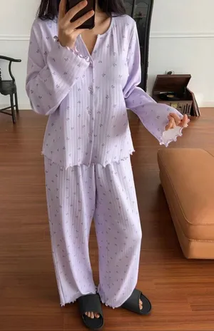 DAZY Lavender Bow Print Ribbed Pajama Sleep Top XL thumbnail 1