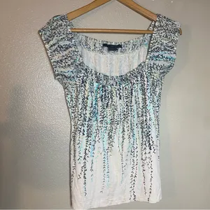 Calvin Klein‎ Jeans White Top with Aqua & Navy Vine Print Earthy summer casual M thumbnail 4