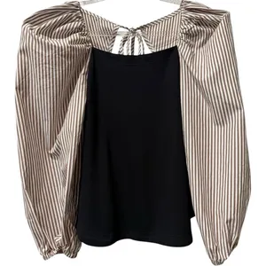 NWT Anthropologie Maeve Open Back Puff Sleeved Blouse Brown Stripes / Black‎ SP thumbnail 1