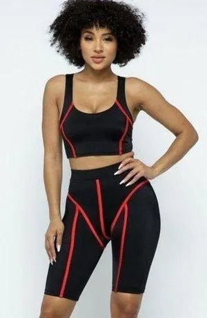 Biker Set. Contrast binding crop tank and biker shorts set. Black and red. Small thumbnail 1