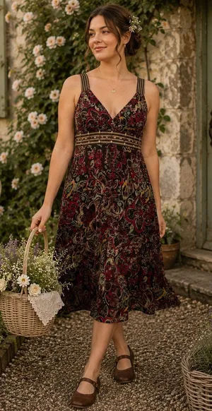 Madison Leigh Boho Floral Beaded Dress Sz 8 Y2K Festival Empire Waist Paisley thumbnail 1