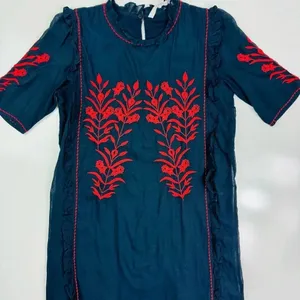 Zara Embroidered Dress Floral Ruffle Trim Black Red Short Sleeve Size‎ XS thumbnail 5