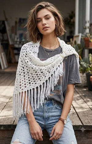 Vtg Boho White Crochet Triangle Shawl Fringe Bridal Wrap Handcrafted 60" x‎ 37" thumbnail 1