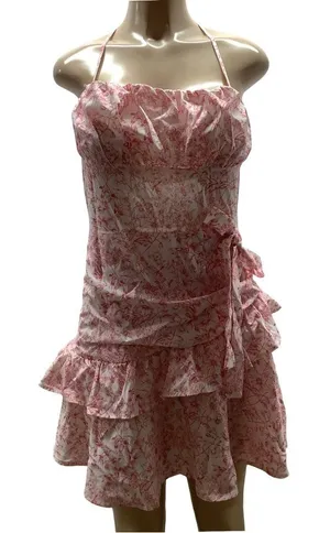 Shein Size Medium Pink and White Ruffle Dress with Neck Tie. Preloved. thumbnail 1