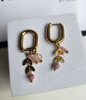 Gold dainty earring with pink charms leaves removable multiway to wear them thumbnail 1