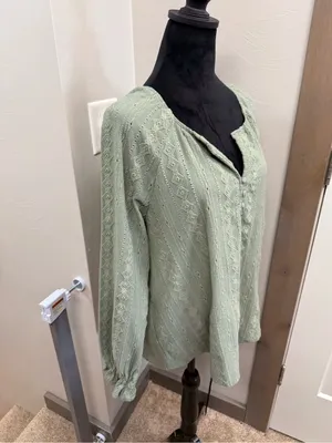 Frye Button Popover Crochet Boho Pistachio Green Blouse Embroidered Textured L thumbnail 3