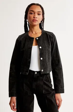 Abercrombie & Fitch Women's Black‎ Collarless Denim Jacket Size XS thumbnail 1