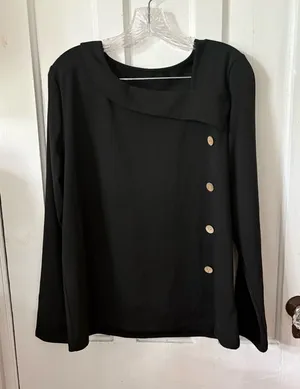 Classic Black Long-Sleeve Top with Asymmetric Button Detail thumbnail 1