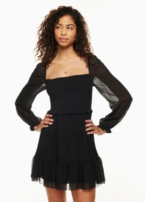 Aritzia Wilfred Black Tempest Chiffon Smocked Mini Dress Sheer Sleeve Size XS thumbnail 1