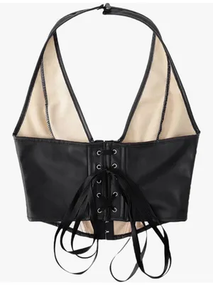 PU Leather Crop Top Women's Hook Eye Backless Halterneck NWOT size Xlarge thumbnail 5