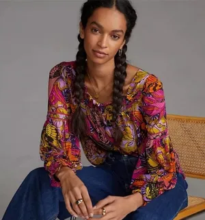 Anthropologie Alexandra Farmer Floral Butterfly Puff long Sleeve Blouse Flowy M thumbnail 1